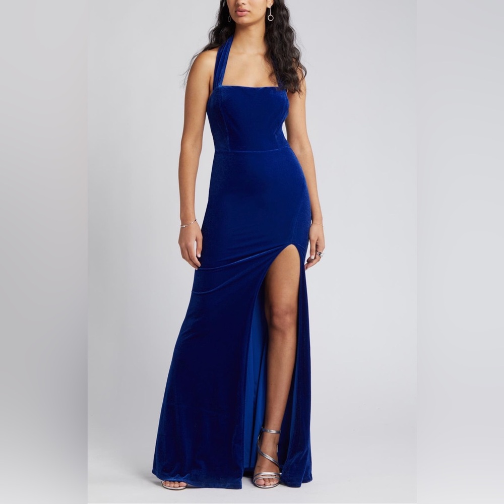 Lulus Blue Halter Velvet Gown | Size XS
